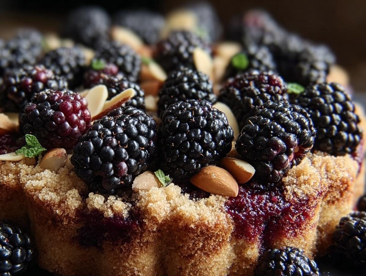 Heavenly Jammy Blackberry Almond: Astonishing 1-Bake Cake 3 Close-up of Heavenly Jammy Blackberry Almond Crumble Cake slice showing jammy berries and crumble topping