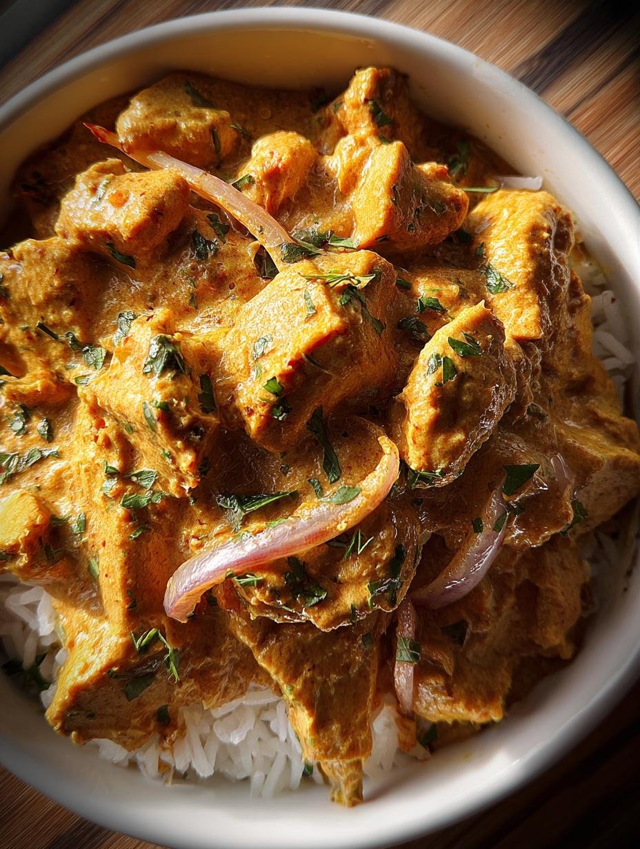 Irresistible Brazilian Chicken Stroganoff served over white rice with crispy potato sticks