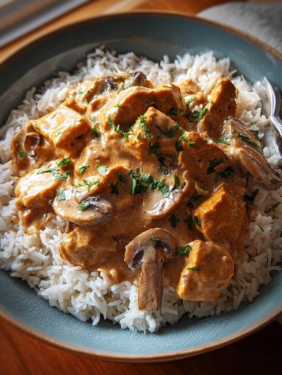 Close-up of creamy Brazilian Chicken Stroganoff with mushrooms and fresh parsley garnish
