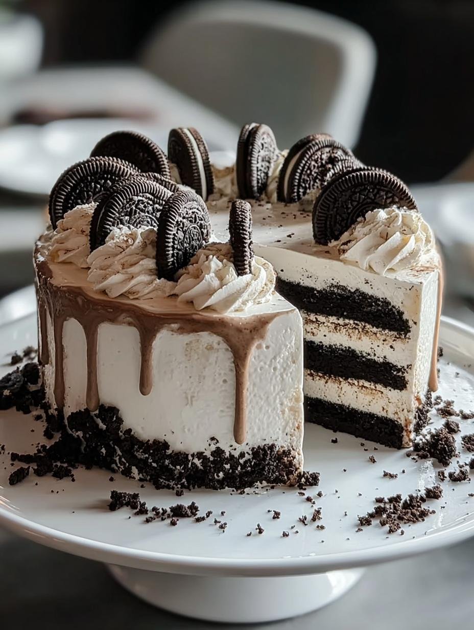 Divine Cookies Cream Cake: 1 Perfect Slice of Joy 2 Irresistible Cookies Cream Cake with rich chocolate layers and creamy frosting, garnished with crushed cookies
