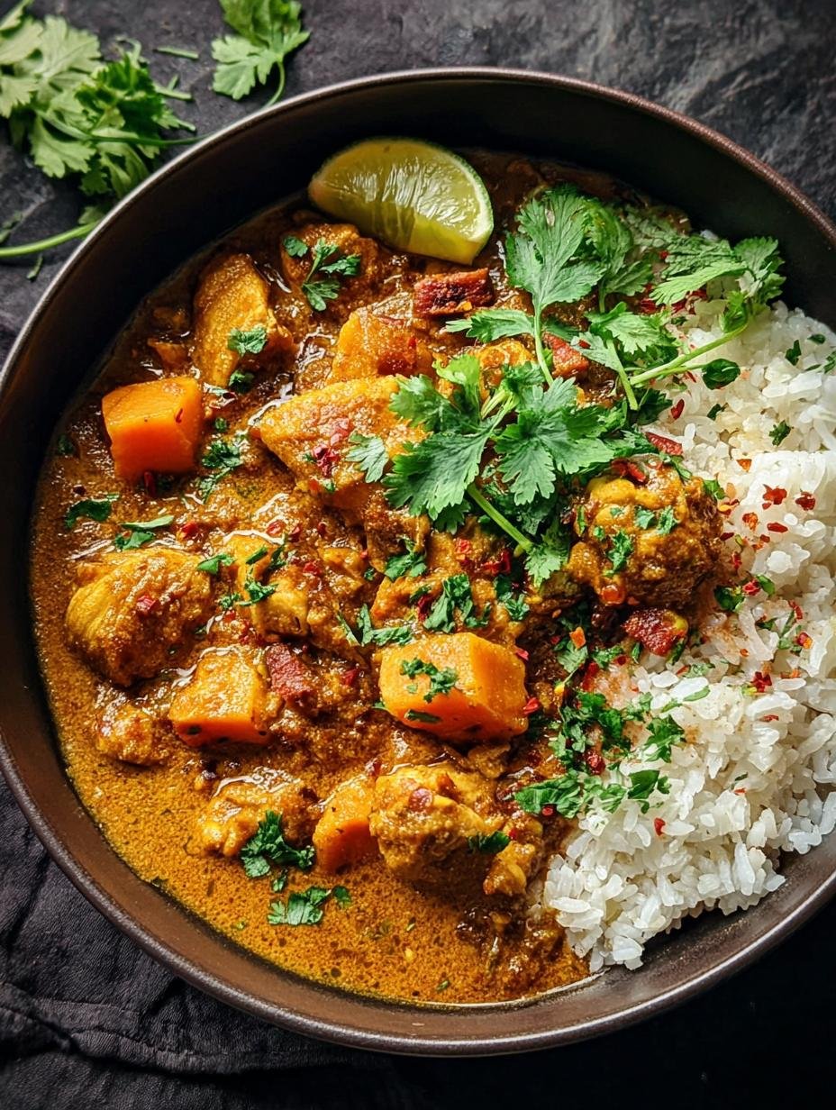 Delicious Flavorful Chicken Sweet Potato curry in a pot, simmering to perfection, showcasing tender chicken and sweet potatoes