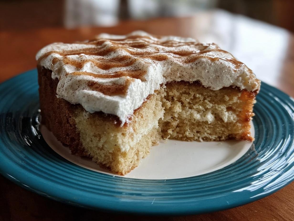 Horchata Tres Leches Cake: 1 Magical Recipe 3 Close-up of a slice of Horchata Tres Leches Cake with whipped cream topping