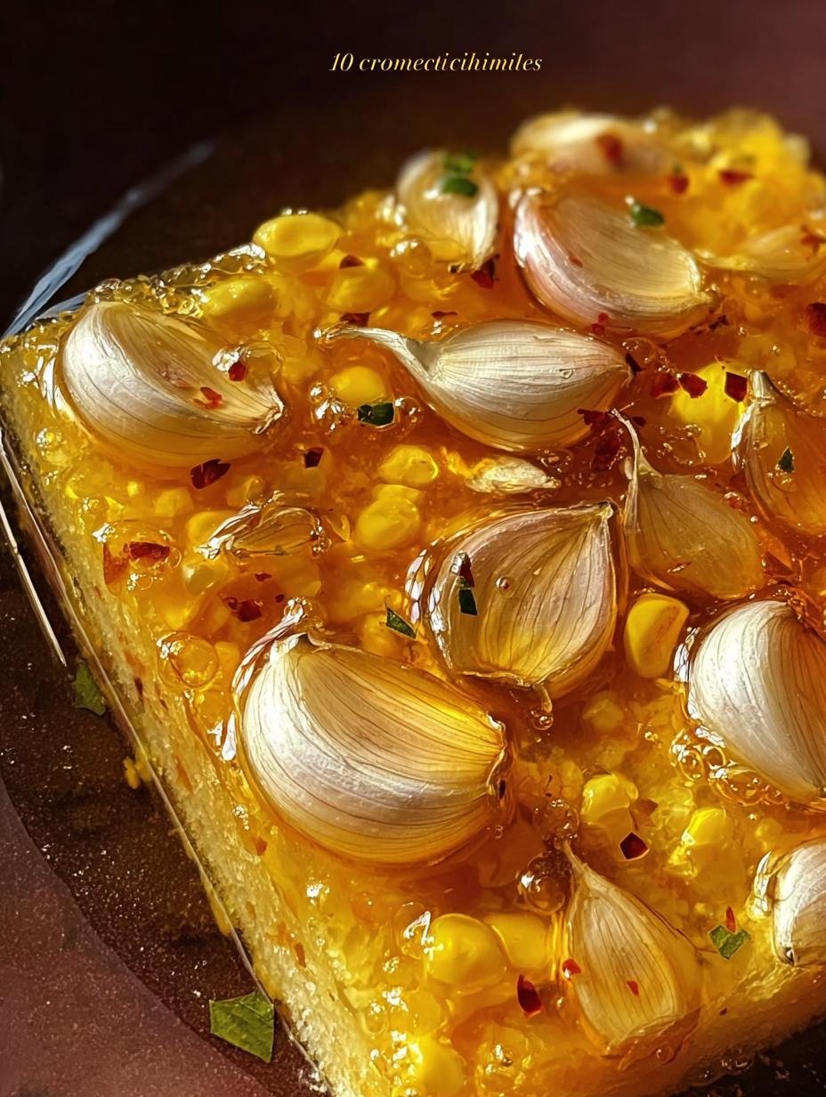 Amazing 10-Min Pickled Garlic Olive Oil Secret - Close-up of golden pickled garlic cloves and fresh herbs submerged in olive oil in a glass jar, ready for storage