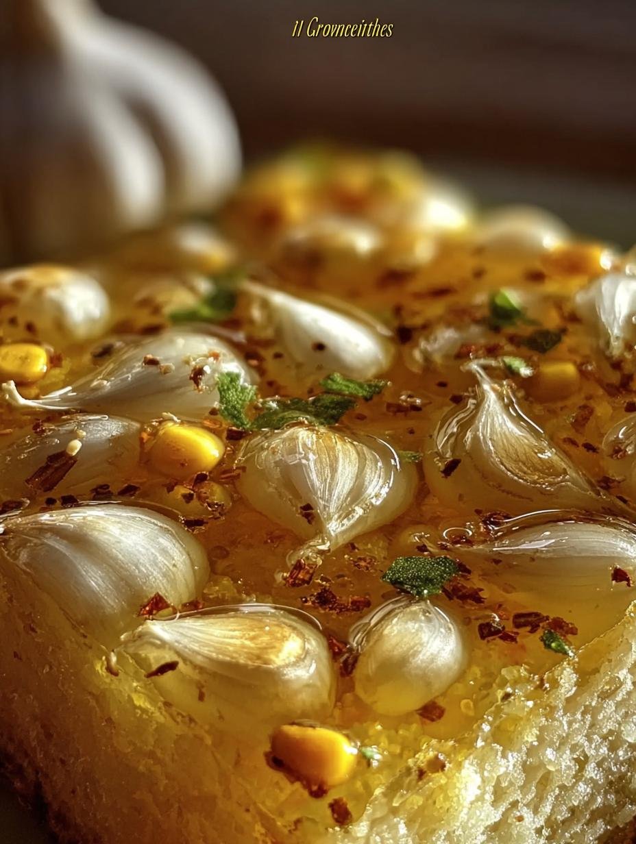 Amazing 10-Min Pickled Garlic Olive Oil Secret - A serving suggestion of pickled garlic olive oil drizzled over crusty bread with fresh herbs