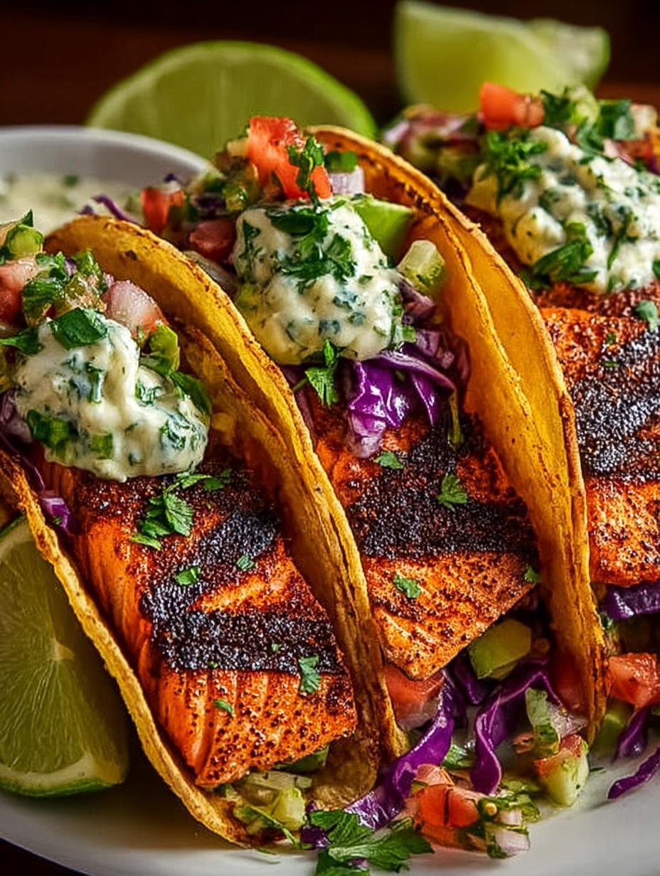 Blackened Salmon Tacos with Spicy Corn-Avocado Salsa - Blackened Salmon Tacos with - main visual representation
