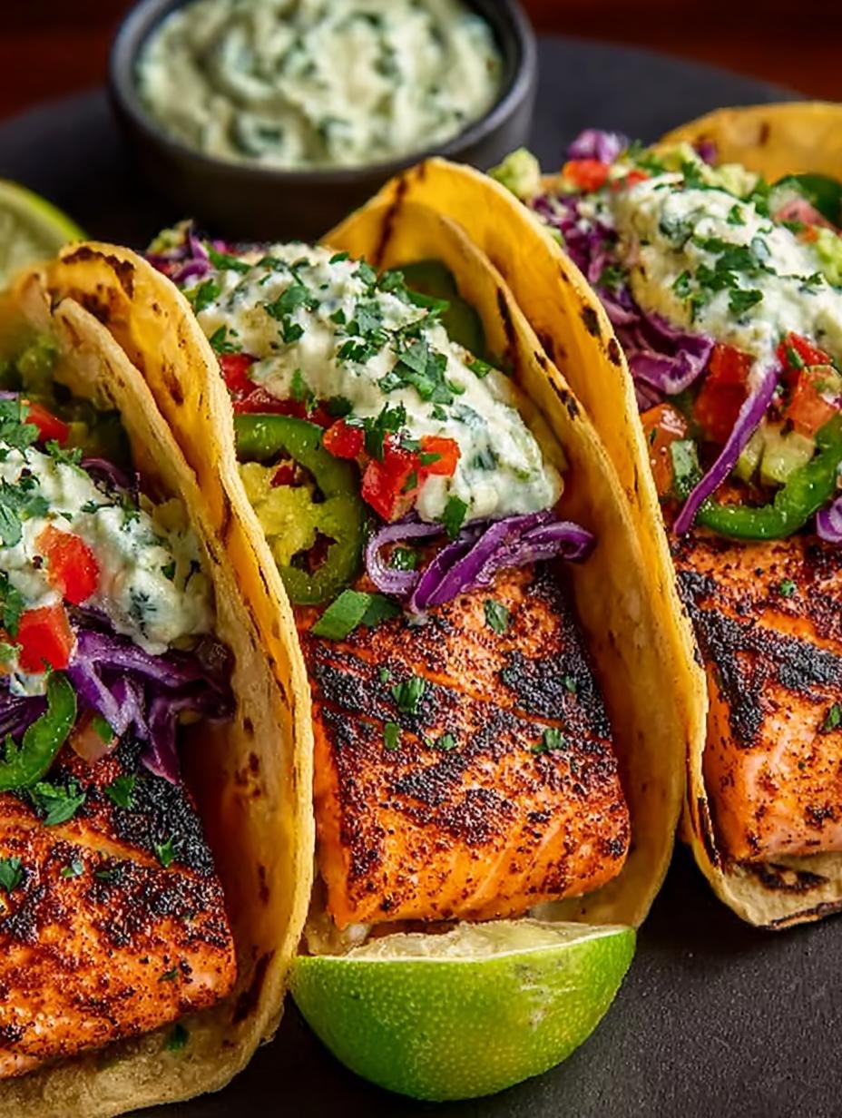 Blackened Salmon Tacos with Spicy Corn-Avocado Salsa - Blackened Salmon Tacos with - additional detail
