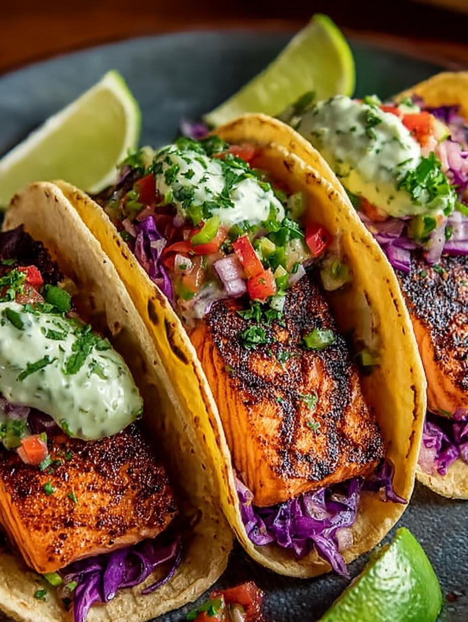 Blackened Salmon Tacos with Spicy Corn-Avocado Salsa 1 Blackened Salmon Tacos with