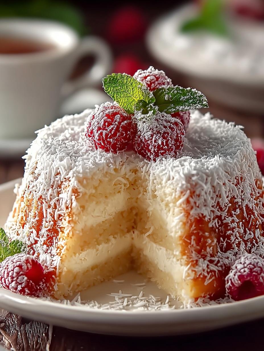 Irresistible Snowball Cake with Raspberry Coconut Delight 1 Snowball Cake