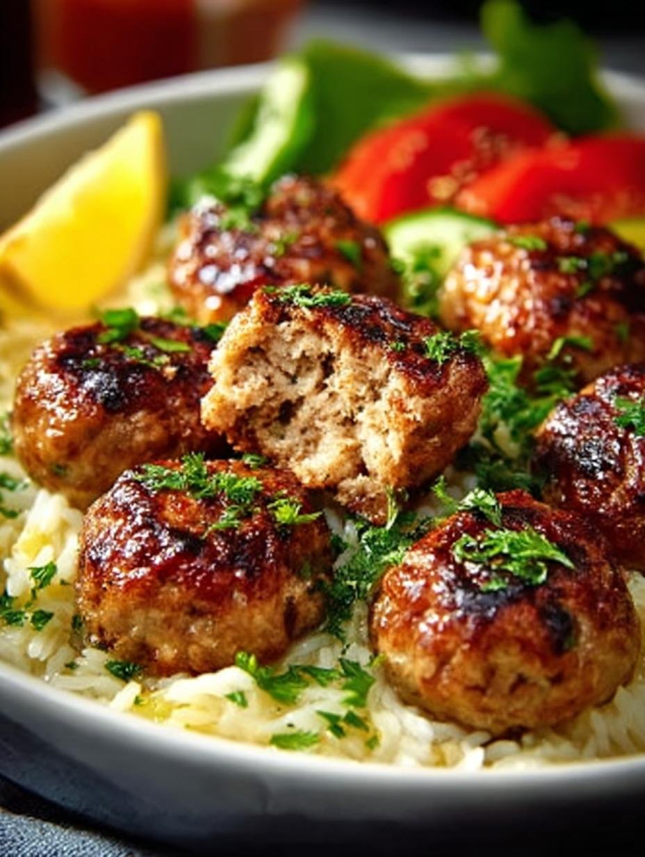 Greek Chicken Meatballs Served with Zesty Lemon Orzo - Greek Chicken Meatballs Served - main visual representation
