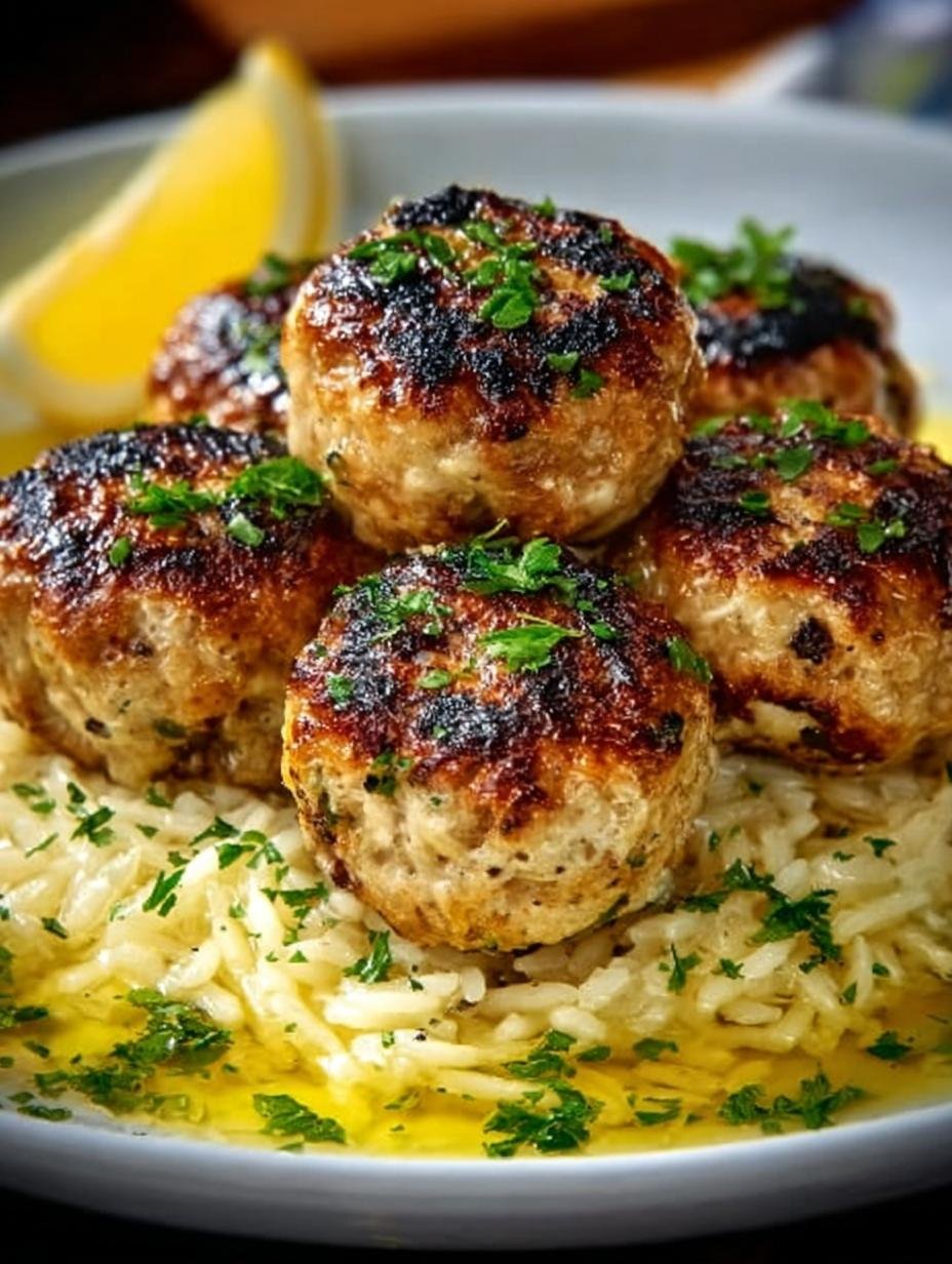 Greek Chicken Meatballs Served with Zesty Lemon Orzo - Greek Chicken Meatballs Served - additional detail