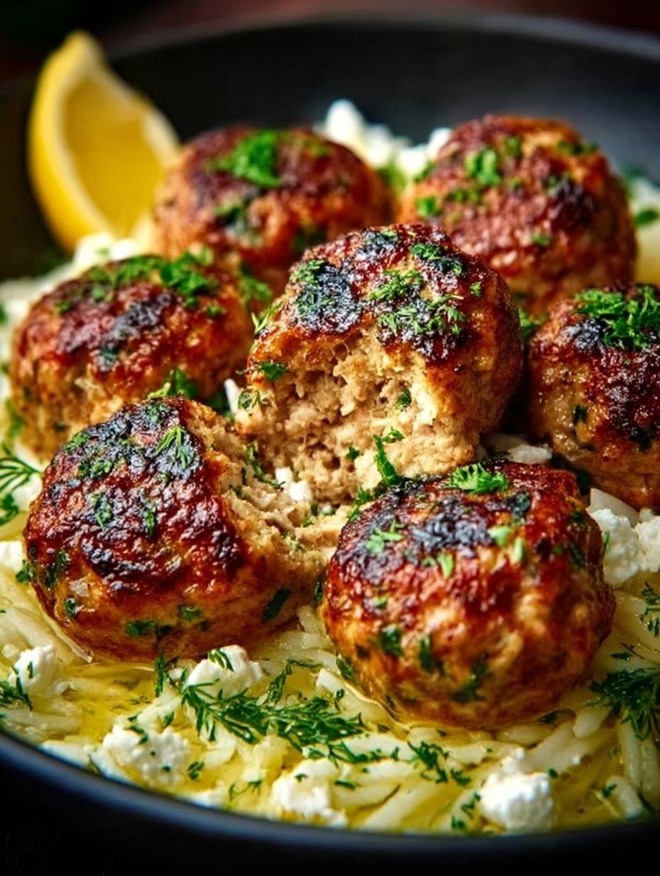 Greek Chicken Meatballs Served with Zesty Lemon Orzo